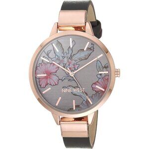 Women's Floral Gray/Rose Crystal Lens Smooth Leather Strap Buckle Closure Watch